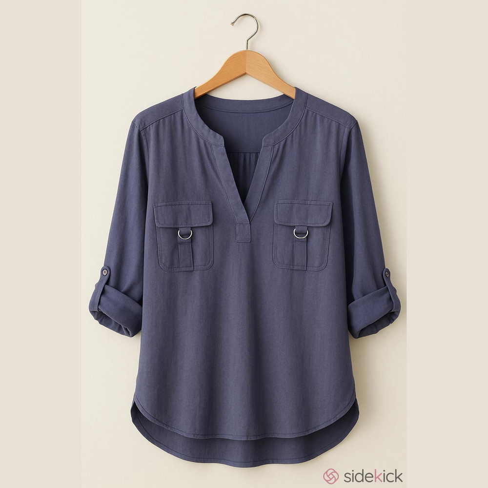 Chico's Utility Vibe Genevieve Blouse Tunic with Tab Sleeves In Tempest Blue